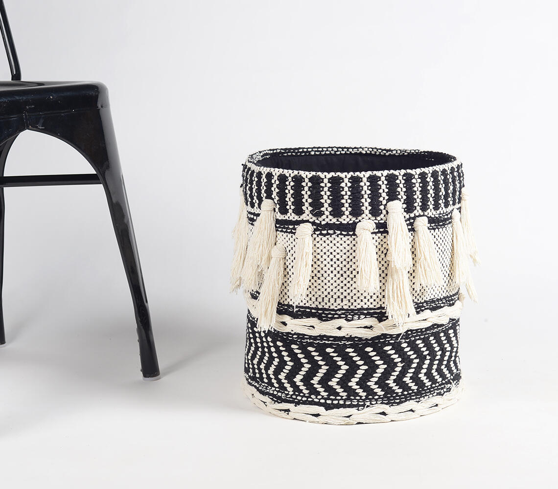 Handwoven Tasseled Cotton Basket - Multicolor - VAQL10101274282