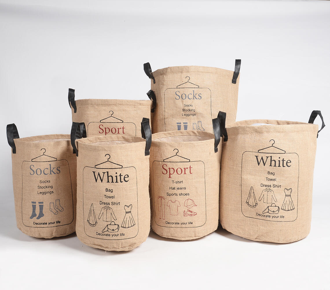 Jute & PU Leather Laundry bags (set of 6) - Natural - VAQL10101275667
