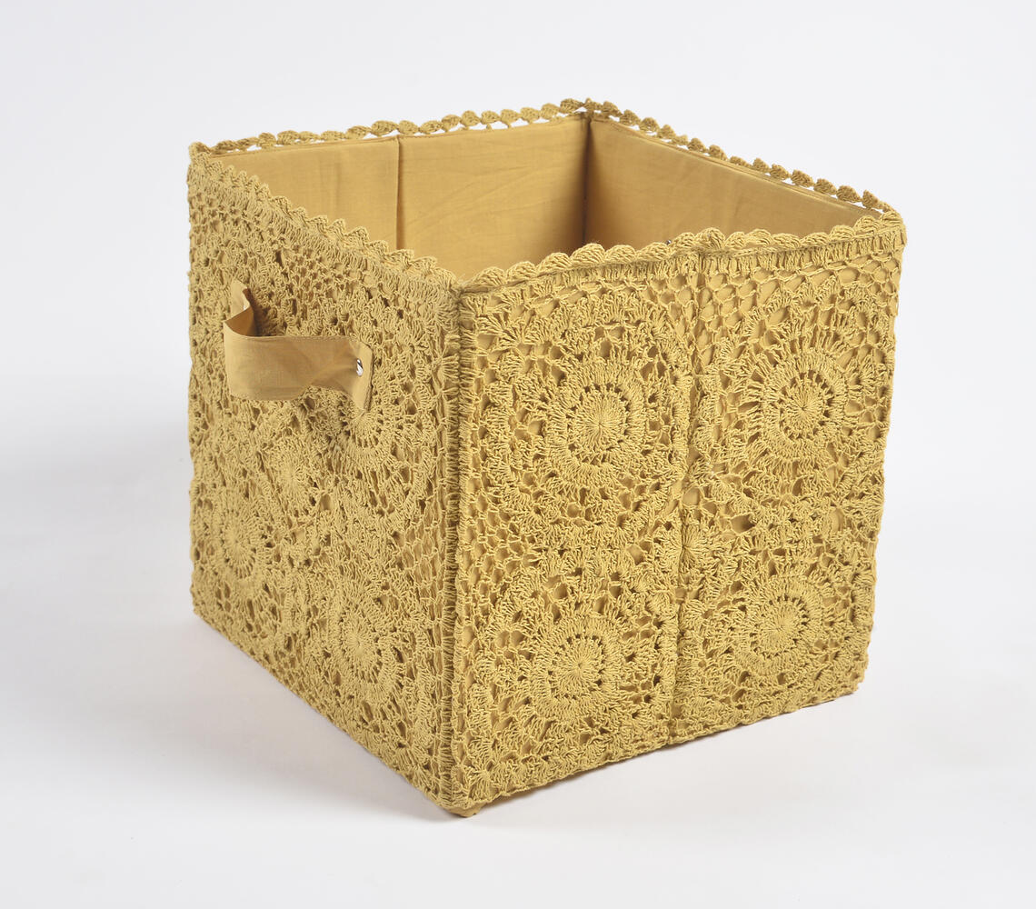 Crochet Mustard Cotton Foldable Storage Hamper - Yellow - VAQL10101280388