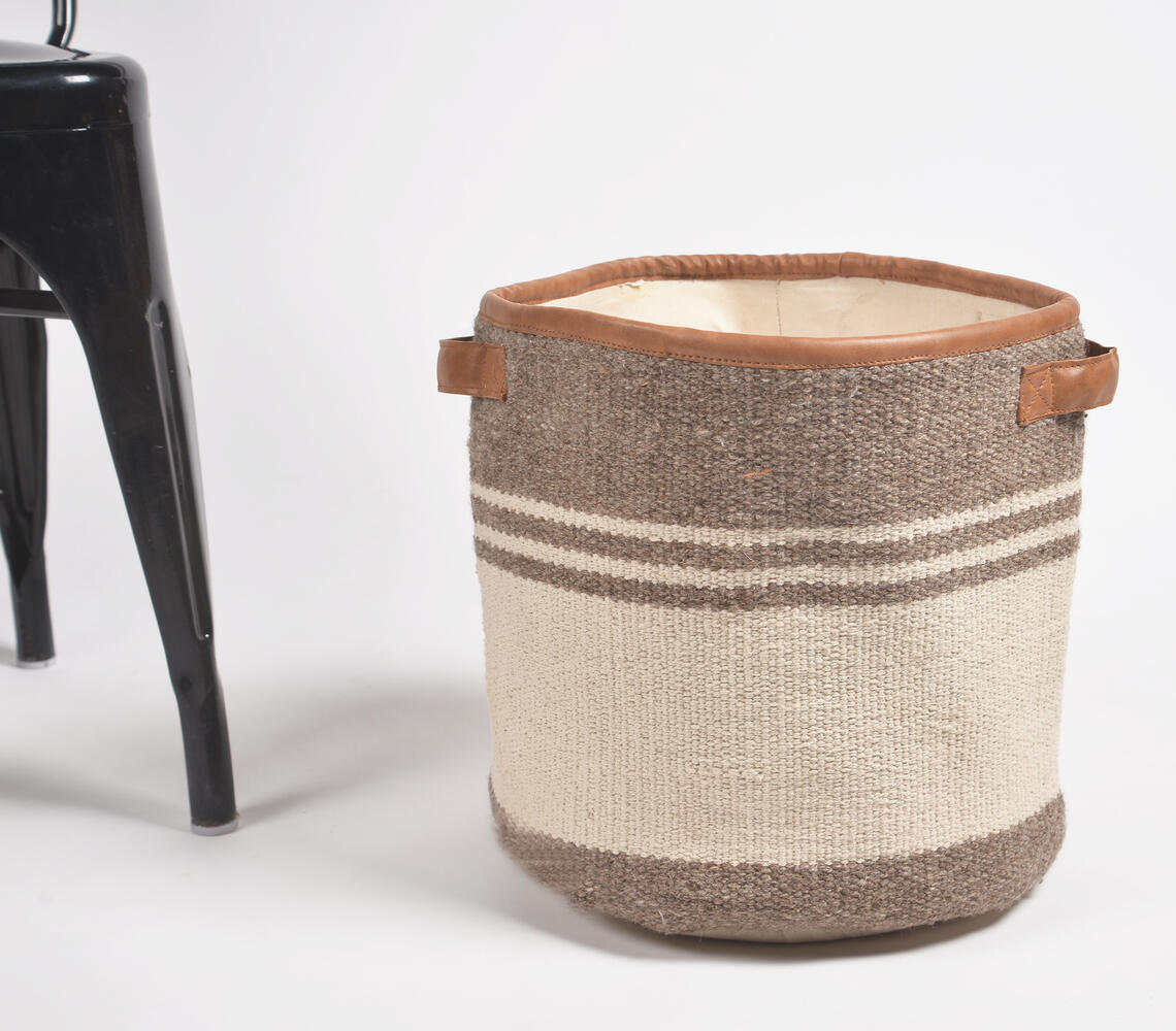 Handwoven Cotton Storage Basket with Leather Lining & Holders - Brown - VAQL10101284679