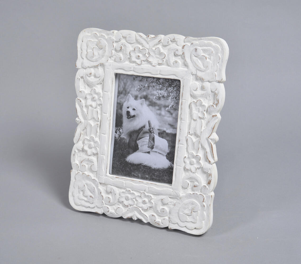 Carved Floral Deco White Photo Frame - Brown - VAQL101013100198