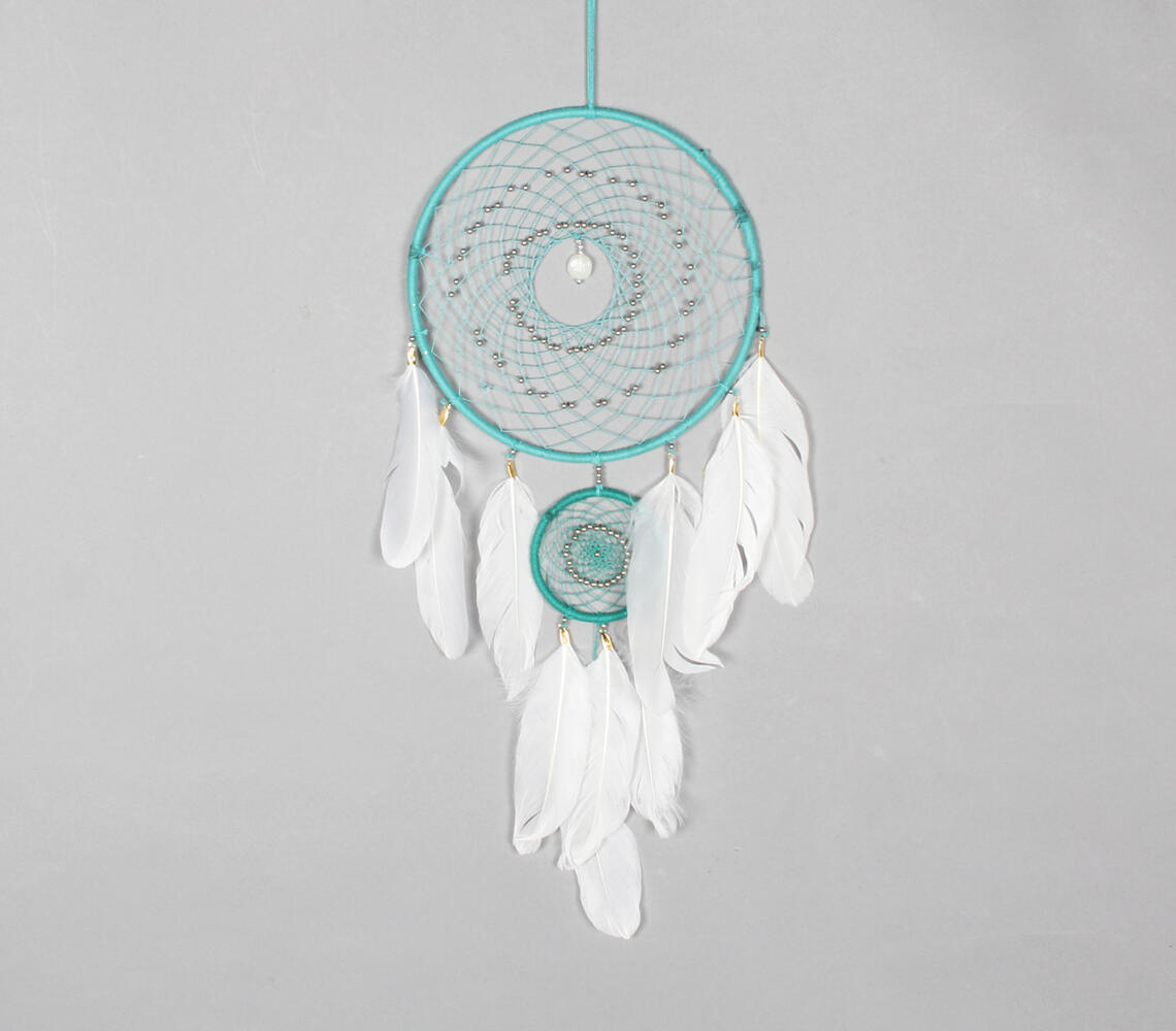 Classic Beaded & Faux Feathers Turquoise Dreamcatcher - Blue - VAQL101013101854