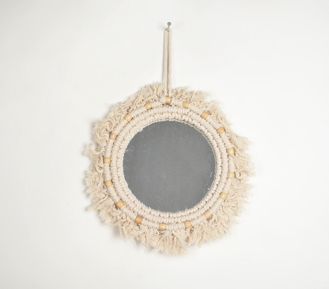 Beads & Fringes Cotton Cord Hanging Mirror - Natural - VAQL101013101923