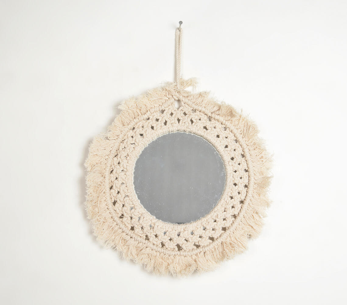 Round Fringes Cotton Cord Hanging Mirror - Natural - VAQL101013101924