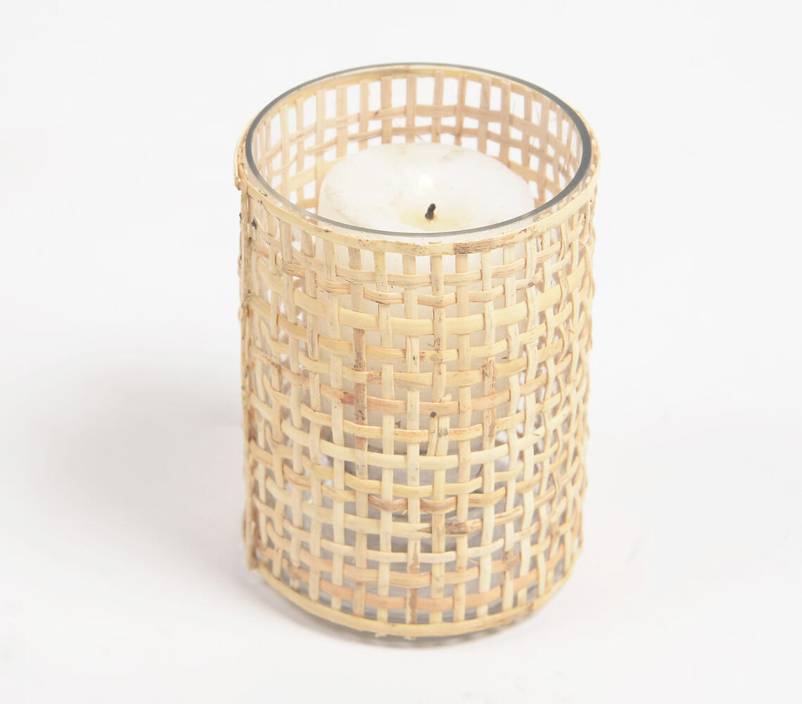 Earthy Plain Weave Glass & Cane Candle Holder - Natural - VAQL101013101953