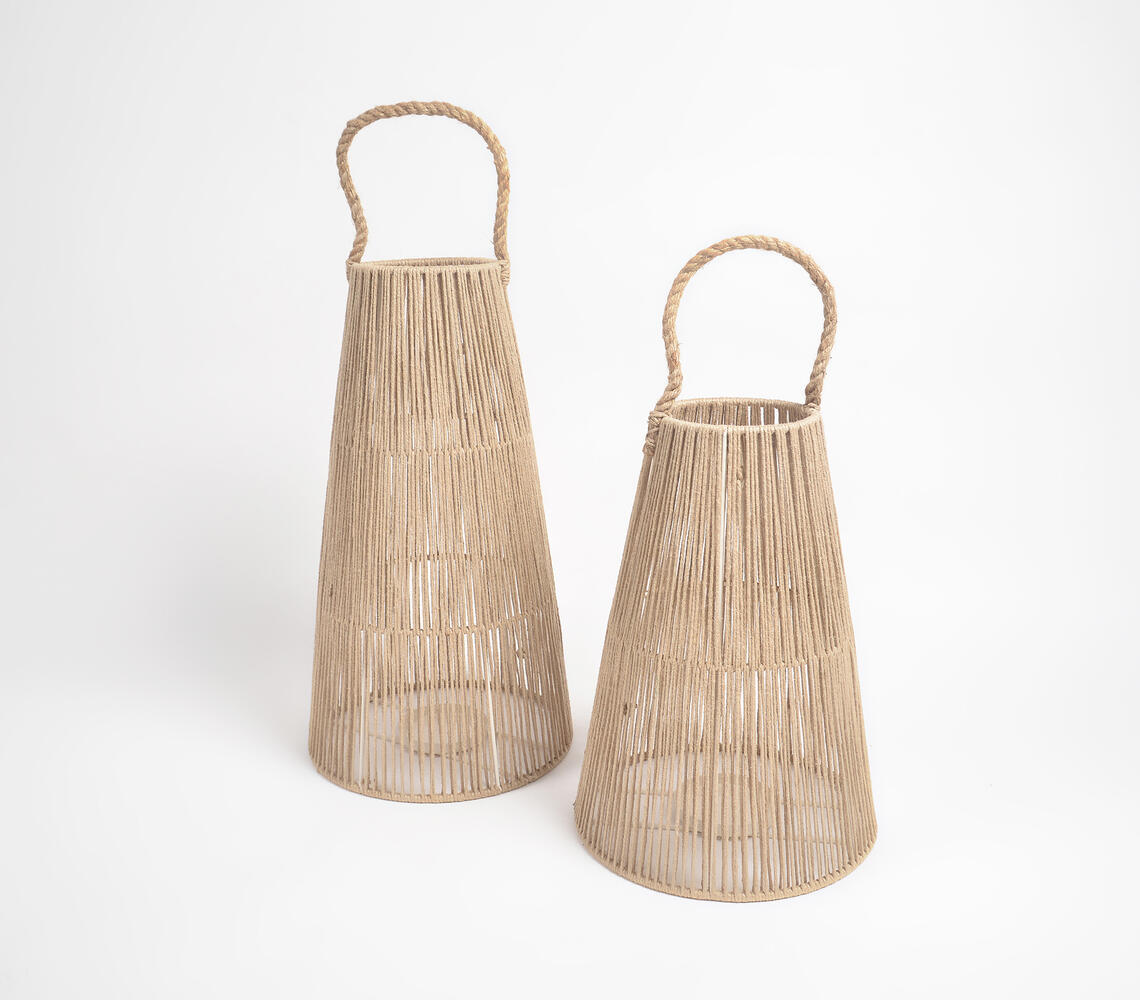Earthy Handwoven Truncated Cone Iron & Rope Candle Holders (Set of 2) - Natural - VAQL101013101971