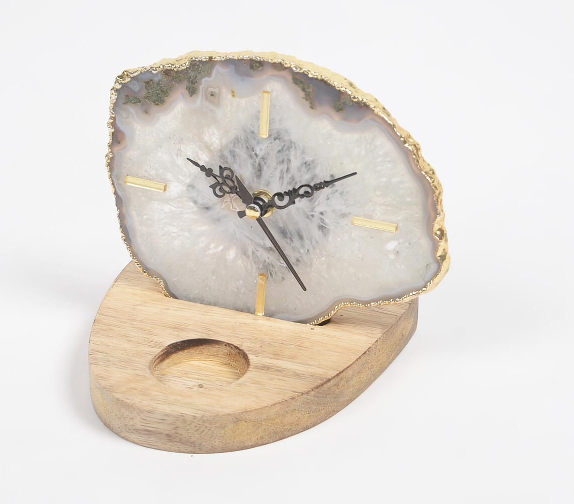 Agate Gemstone Table Clock with Wooden Stand - White - VAQL101013109242