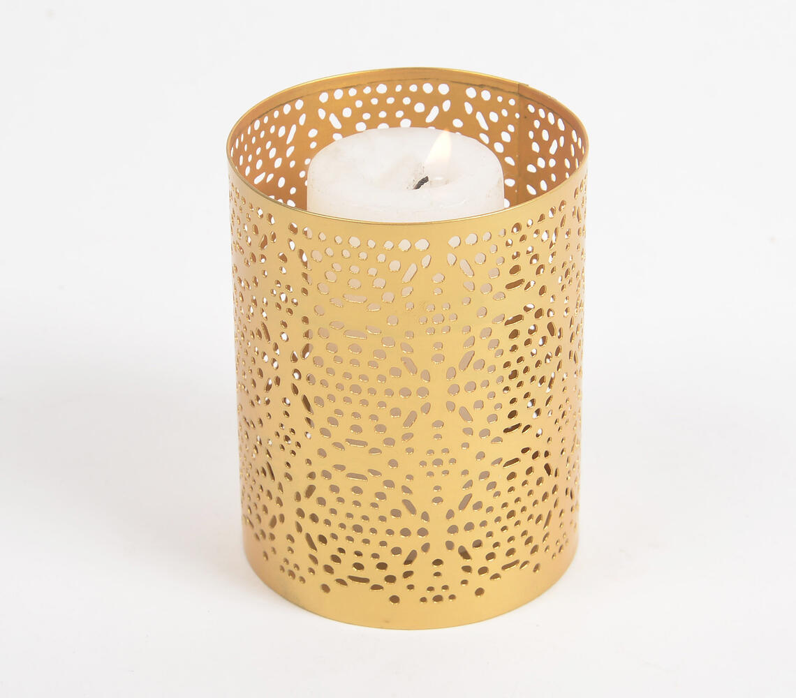 Honeycomb Jali Cut Gold-Toned Iron Candle Holder - Gold - VAQL101013109735