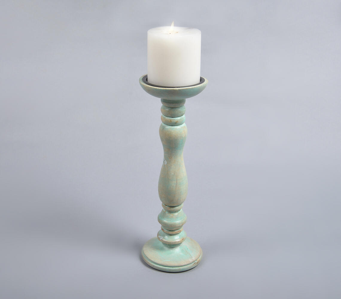 Distressed Mint Turned Wooden Candle Holder - Blue - VAQL101013110269