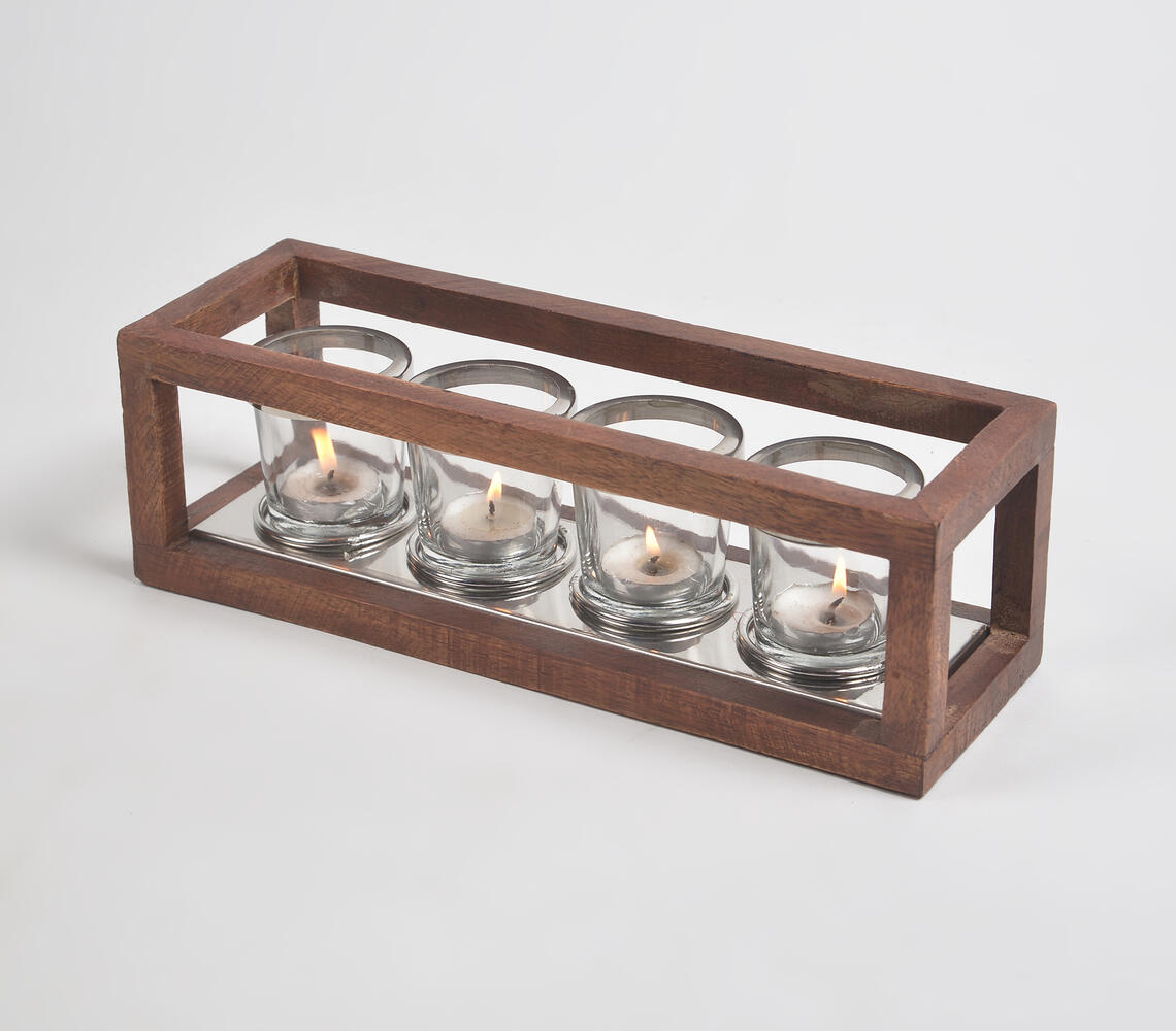 Classic Five Glass Tea Light Holders with Wooden Frame - Natural - VAQL101013110281
