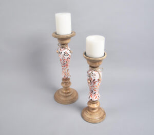 Botanical Meena Print Wooden Candle Holders (Set of 2) - Natural - VAQL101013110315