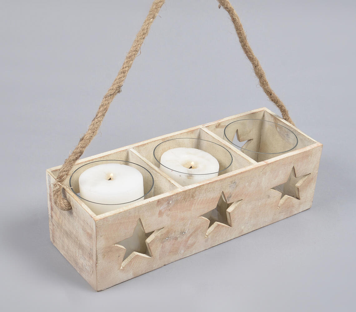 Farmhouse Distress White Wood & Jute Star Hanging Candle Holder - White - VAQL101013110321