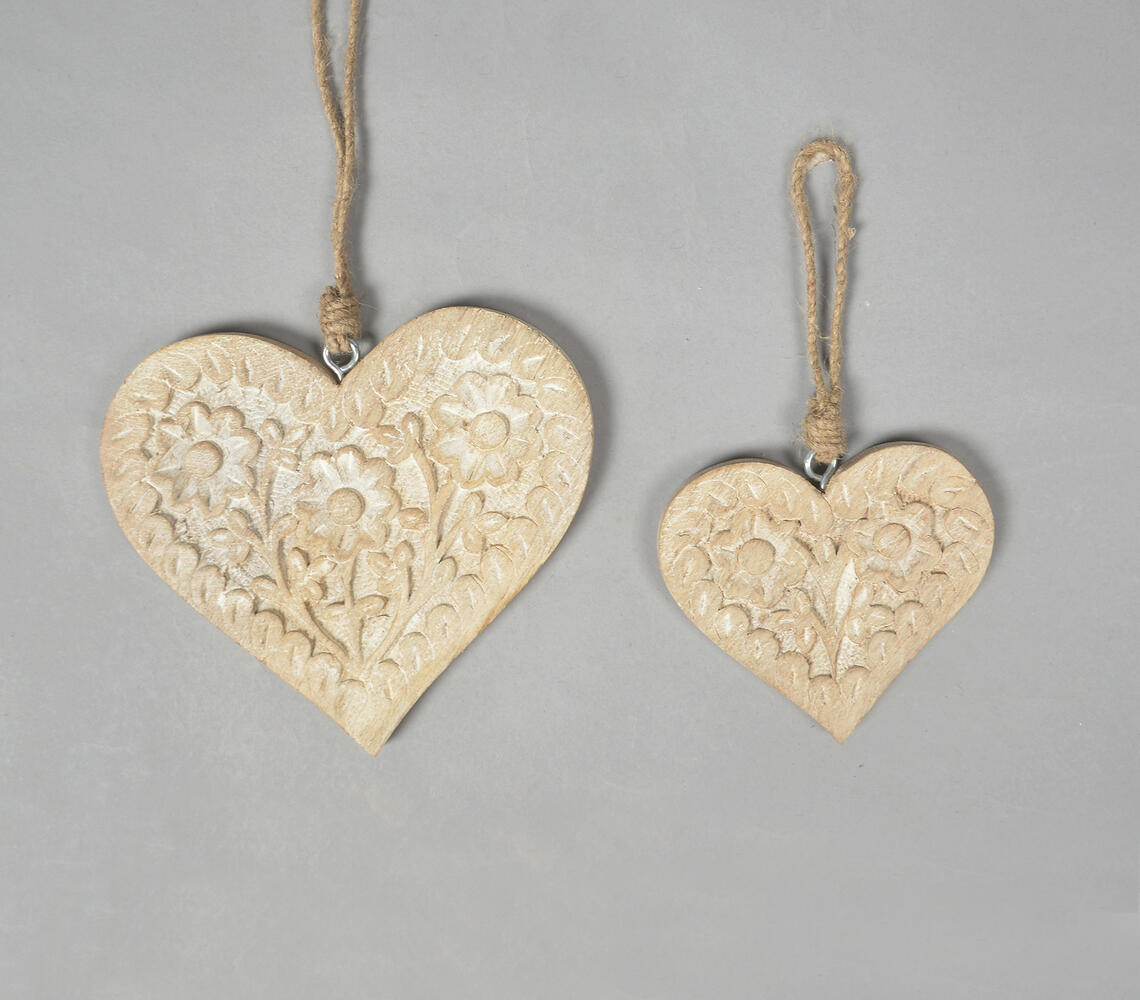 Floral Hand Carved Wooden Hanging Hearts (Set of 2) - White - VAQL101013110323