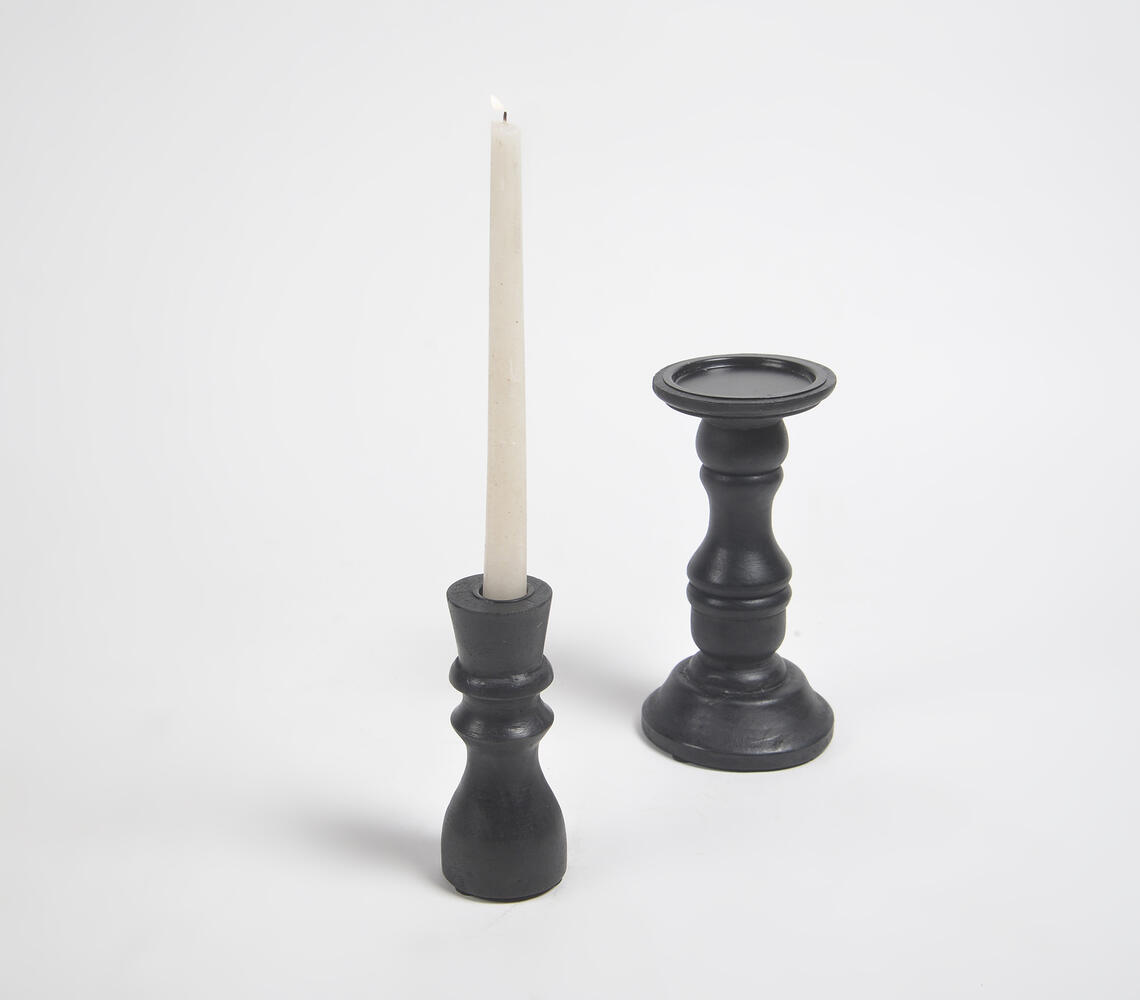 Turned Classic Black Wooden Candle Holder - Black - VAQL101013110351
