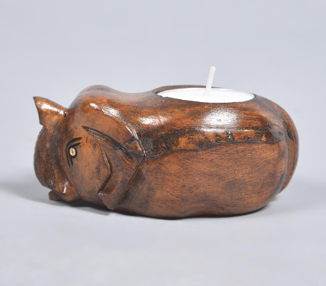 Hand carved Wooden Elephant Tealight Holder - Natural - VAQL101013110377