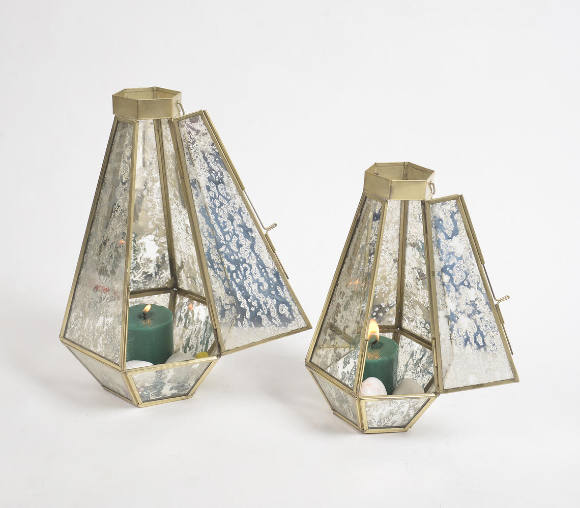Handmade Iron & Glass Abstract Geometric Lantern (Set of 2) - Brass - VAQL101013115305