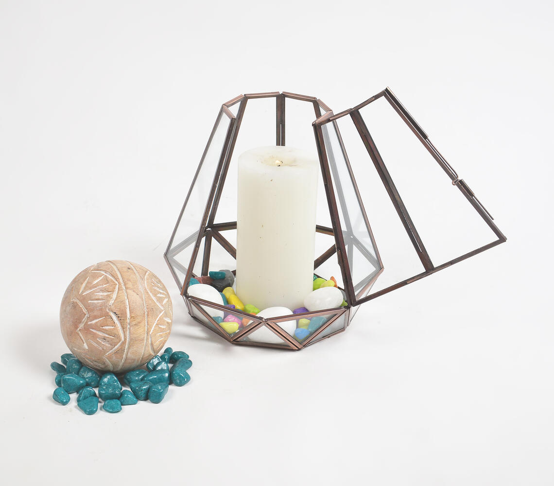 Handmade Iron & Glass Octagon-Conical Candle Holder - Copper - VAQL101013115306