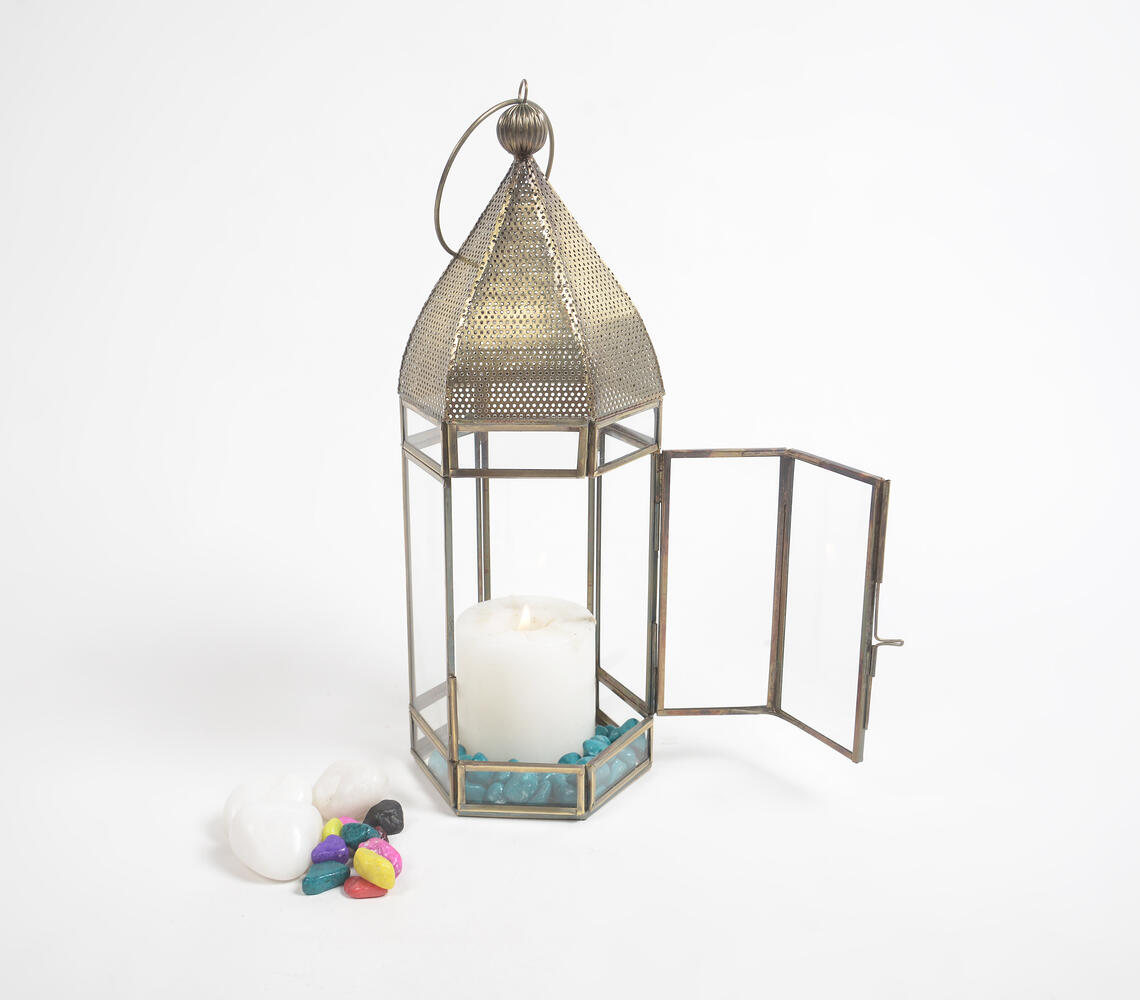 Handmade Iron & Glass Lantern - Brass - VAQL101013115308