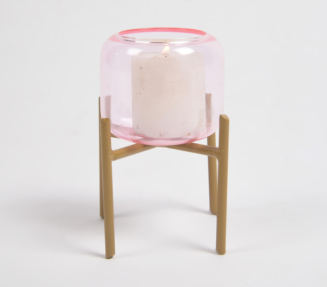 Berry Pink Glass Candle Holder with Metal Stand - Pink - VAQL101013121514