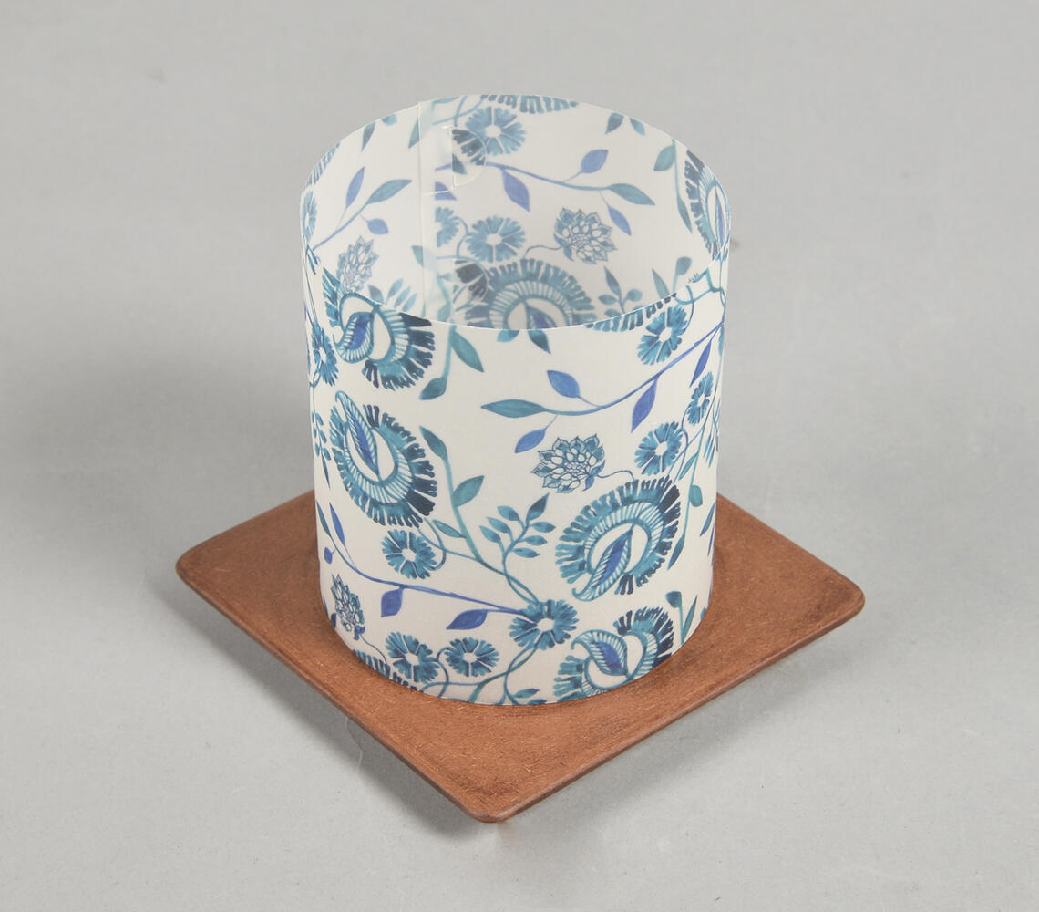 Floral Screen Printed Tea Light shade with MDF Stand - Blue - VAQL101013127009