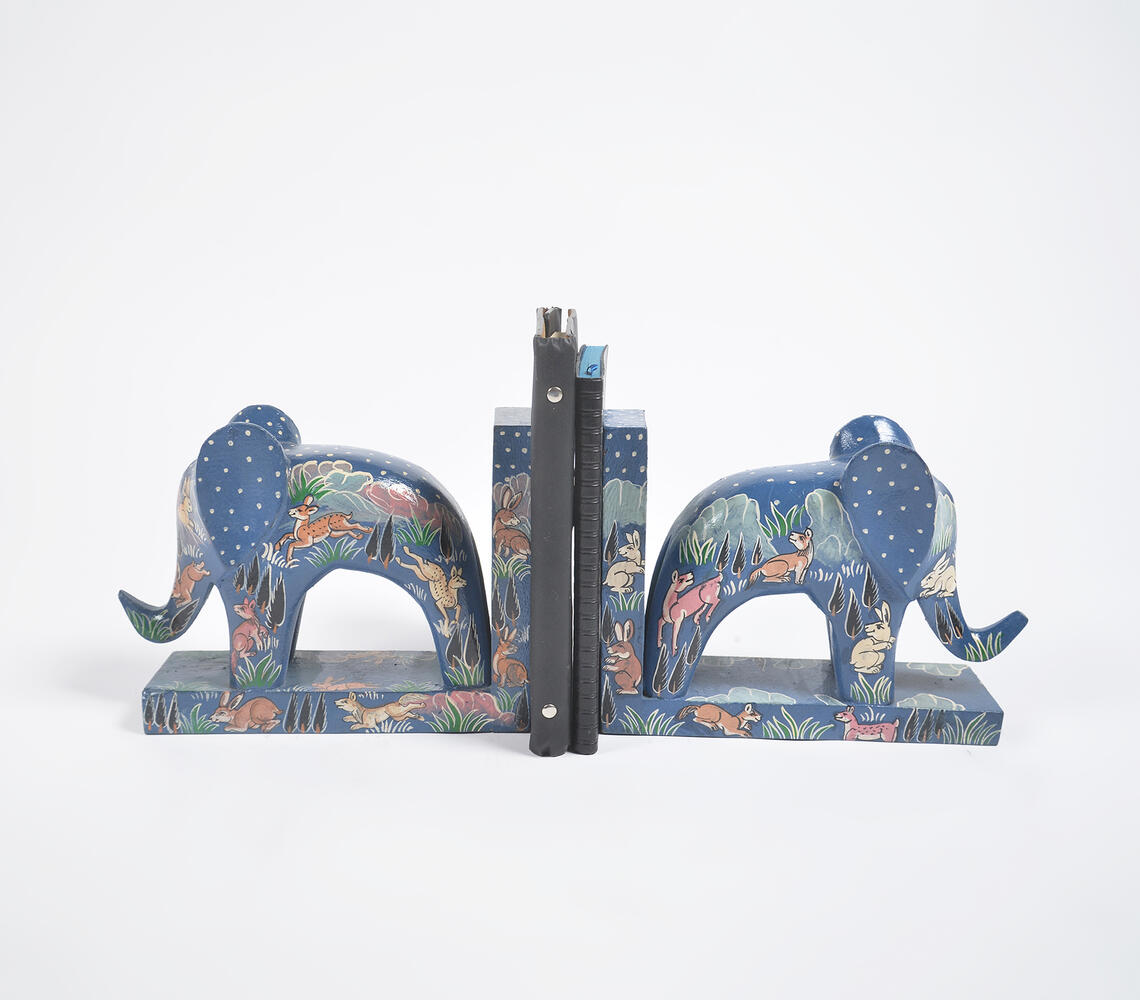 Hand Carved & Painted Wooden Elephant Bookends (Pair) - Blue - VAQL101013140001