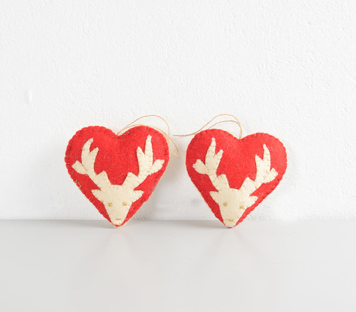 Christmas Reindeer Heart Felt Ornaments (Set of 2) - Red - VAQL10101371242