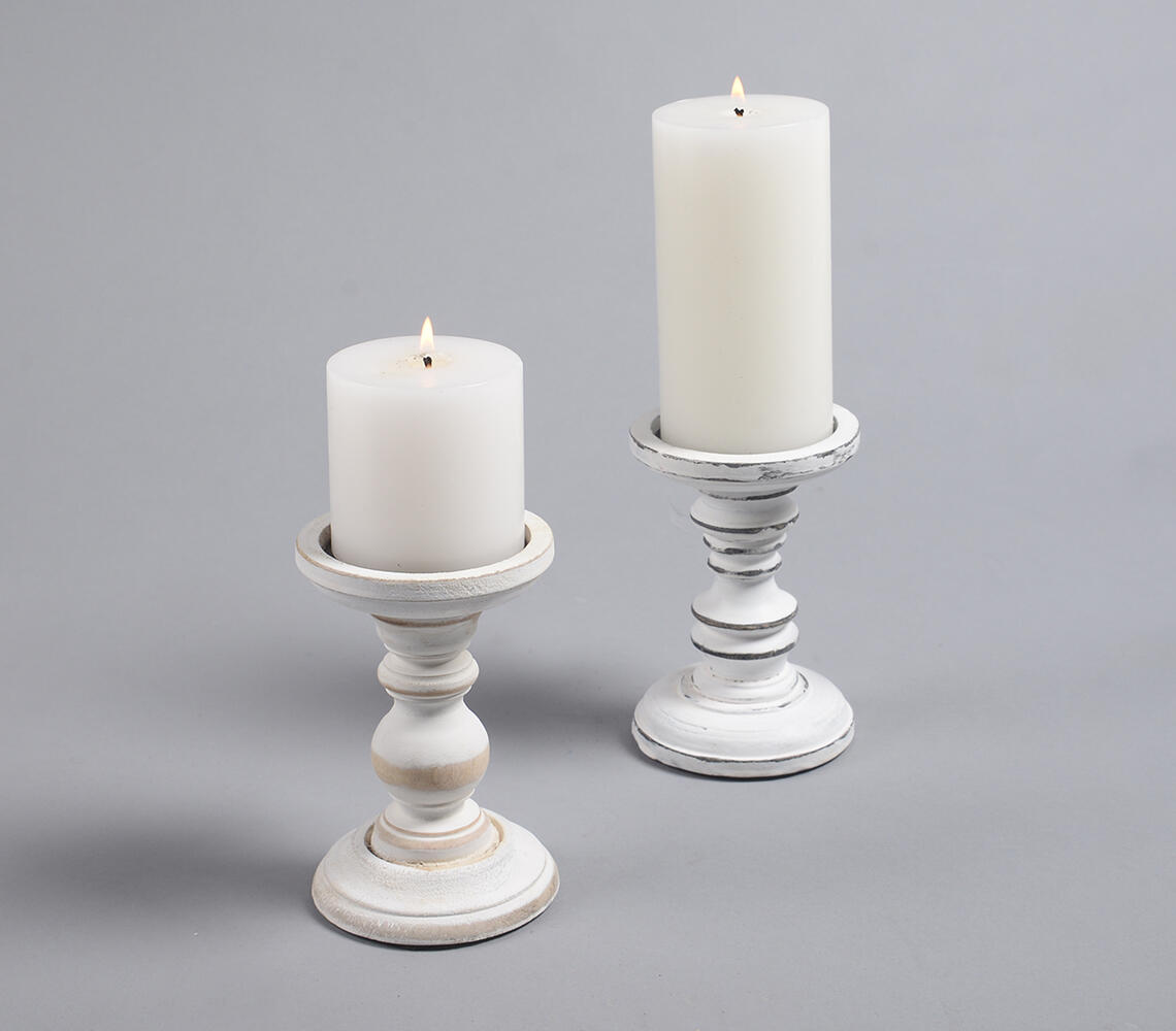 Distress Painted Mango Wood Candle Stands (set of 2) - White - VAQL10101372661
