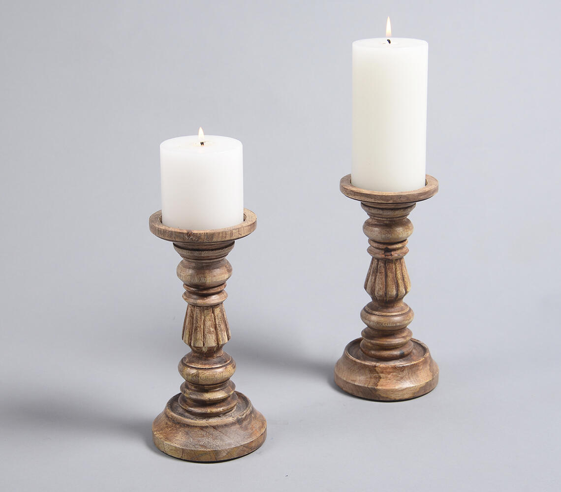 Carved Mango Wood Candle Stands (set of 2) - Brown - VAQL10101372663