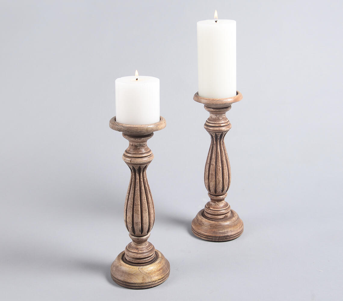 Carved Mango Wood Vintage Candle Stands (set of 2) - Brown - VAQL10101372664