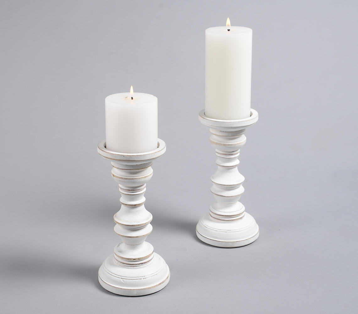 Distress Painted Mango Wood Candle Stands (set of 2) - White - VAQL10101372669