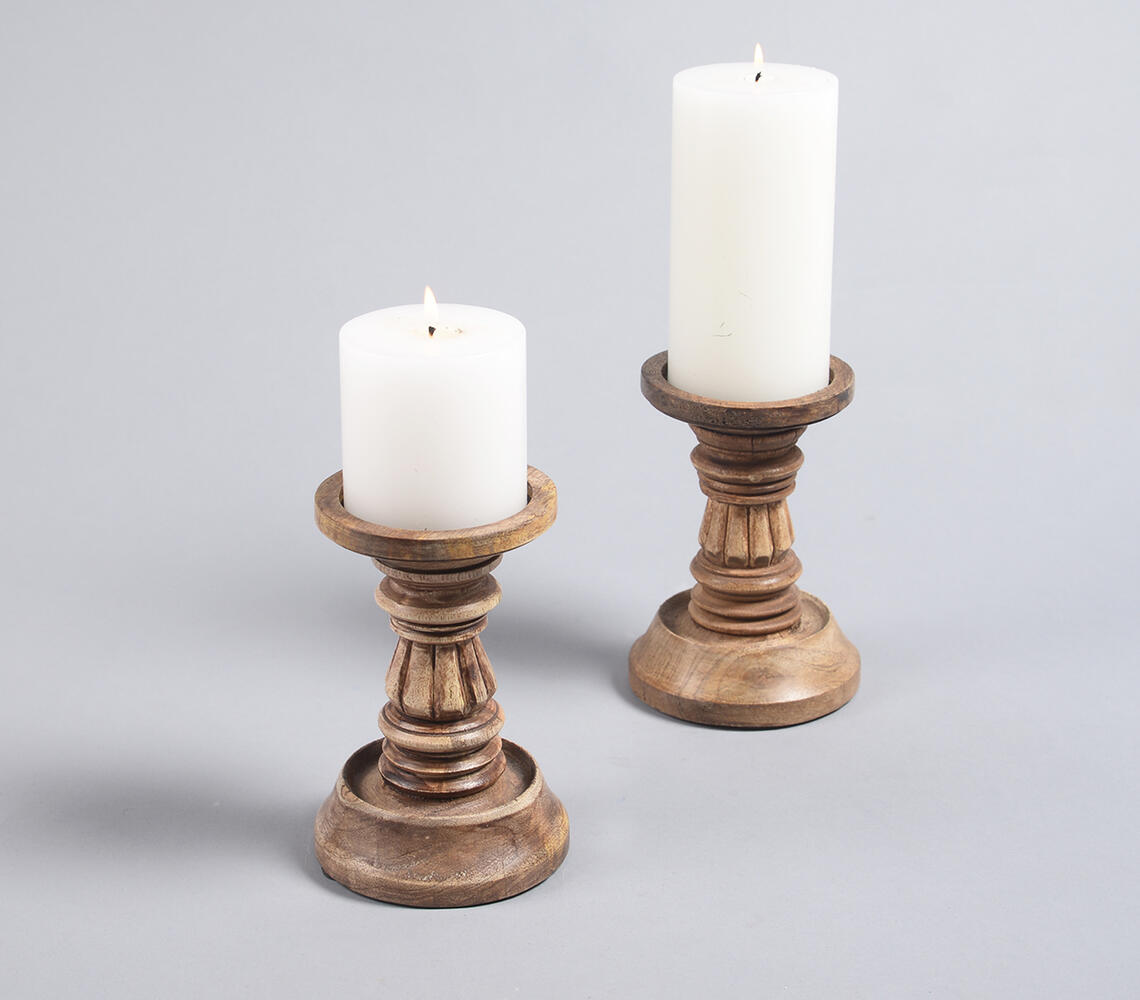 Carved Mango Wood Candle Stands (set of 2)_1 - Brown - VAQL10101372670