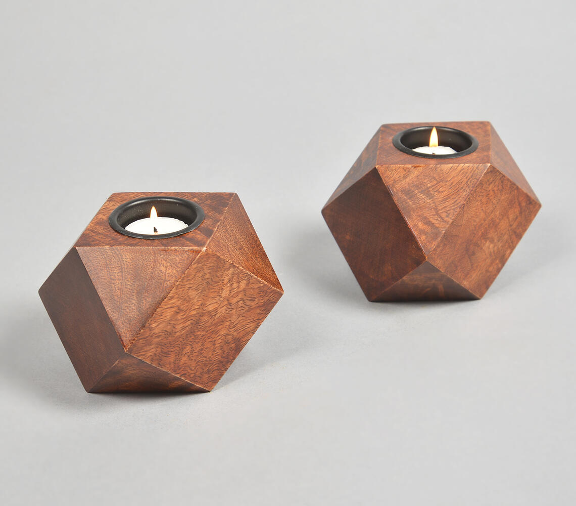 Geometric Hand Carved Rosewood Candle Holders (Set of 2) - Natural - VAQL10101380750