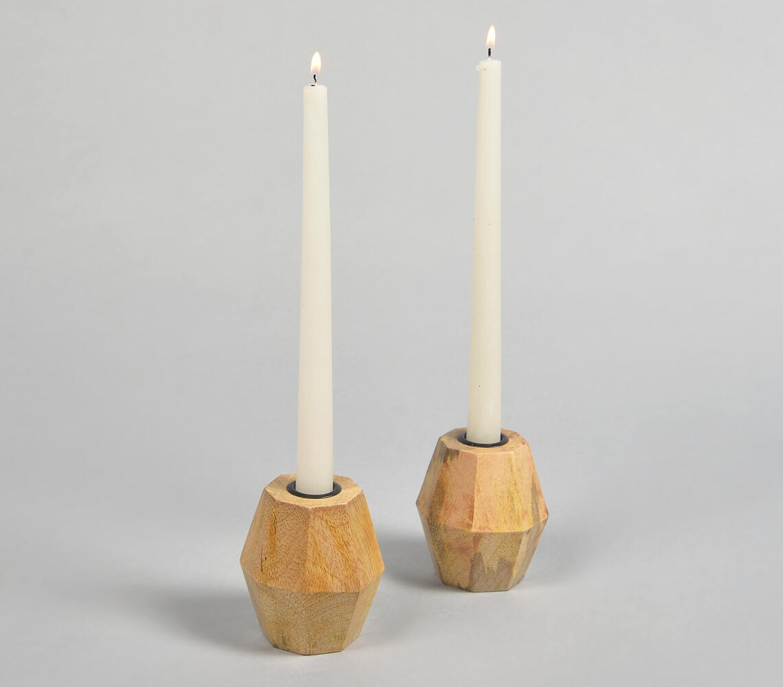 Geometric Hand Carved Mango Wood Candle Holders (Set of 2) - Natural - VAQL10101380751