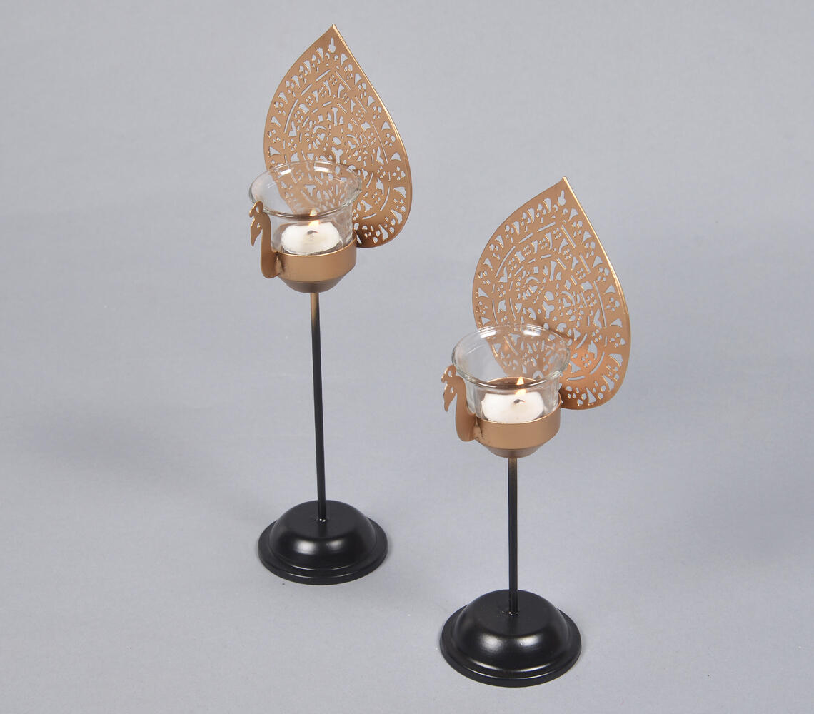 Handmade Ethnic Peacock Iron Tealight Holders (set of 2) - Gold - VAQL10101382000