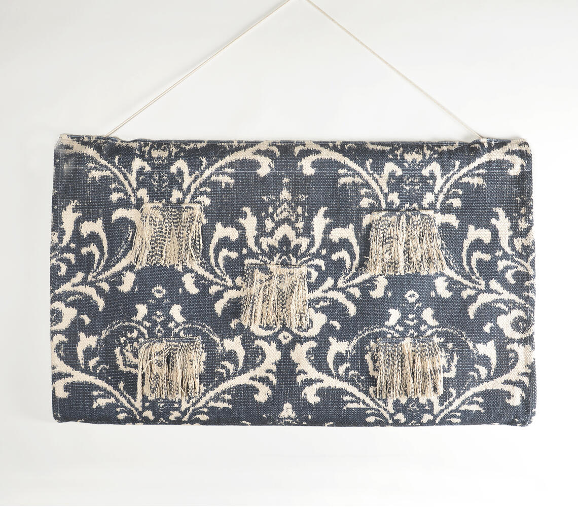 Damask Printed Cotton Fringed Patches Wall Hanging - Blue - VAQL10101384313