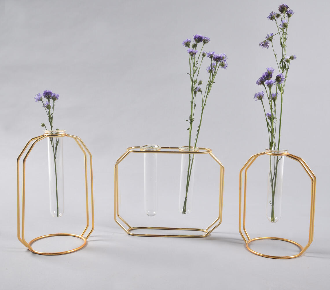 Geometric Glass & Metal Test tube Planter Vases (Set of 3) - Gold - VAQL10101387869