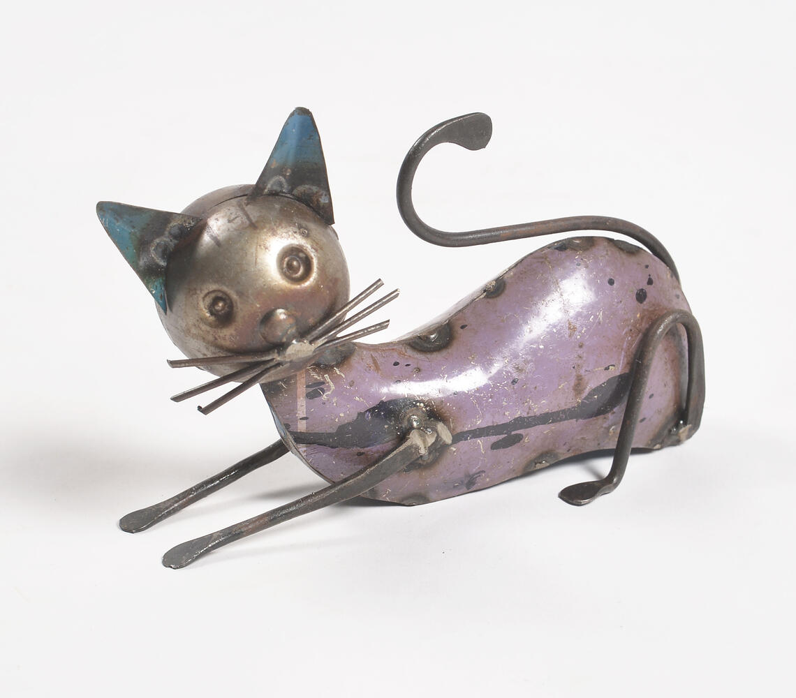 Hand Beaten Recycled Iron Sitting Cat Figurine - Purple - VAQL10101388786