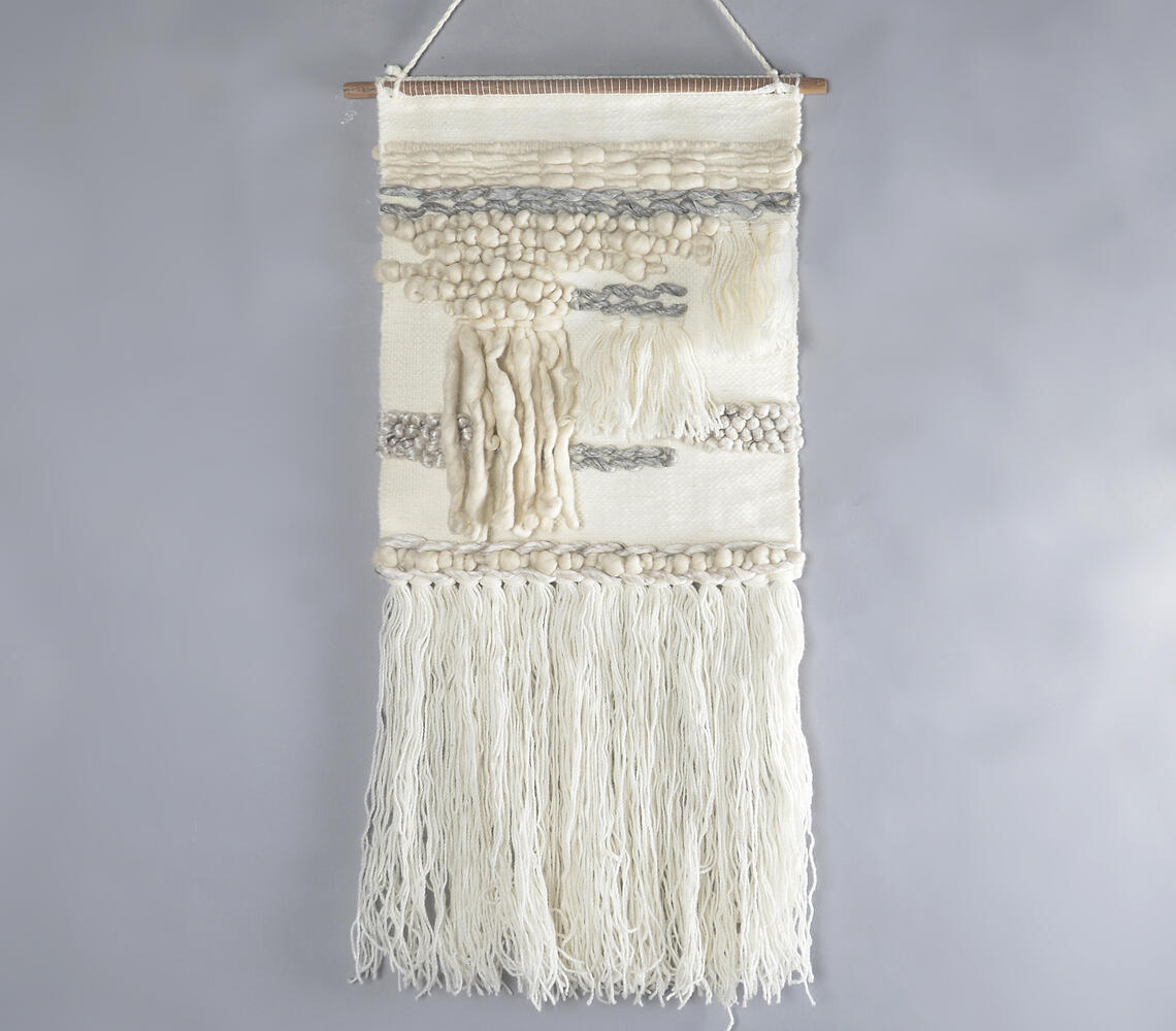 Fringed Handwoven Woolen Wall Hanging - Grey - VAQL10101397814