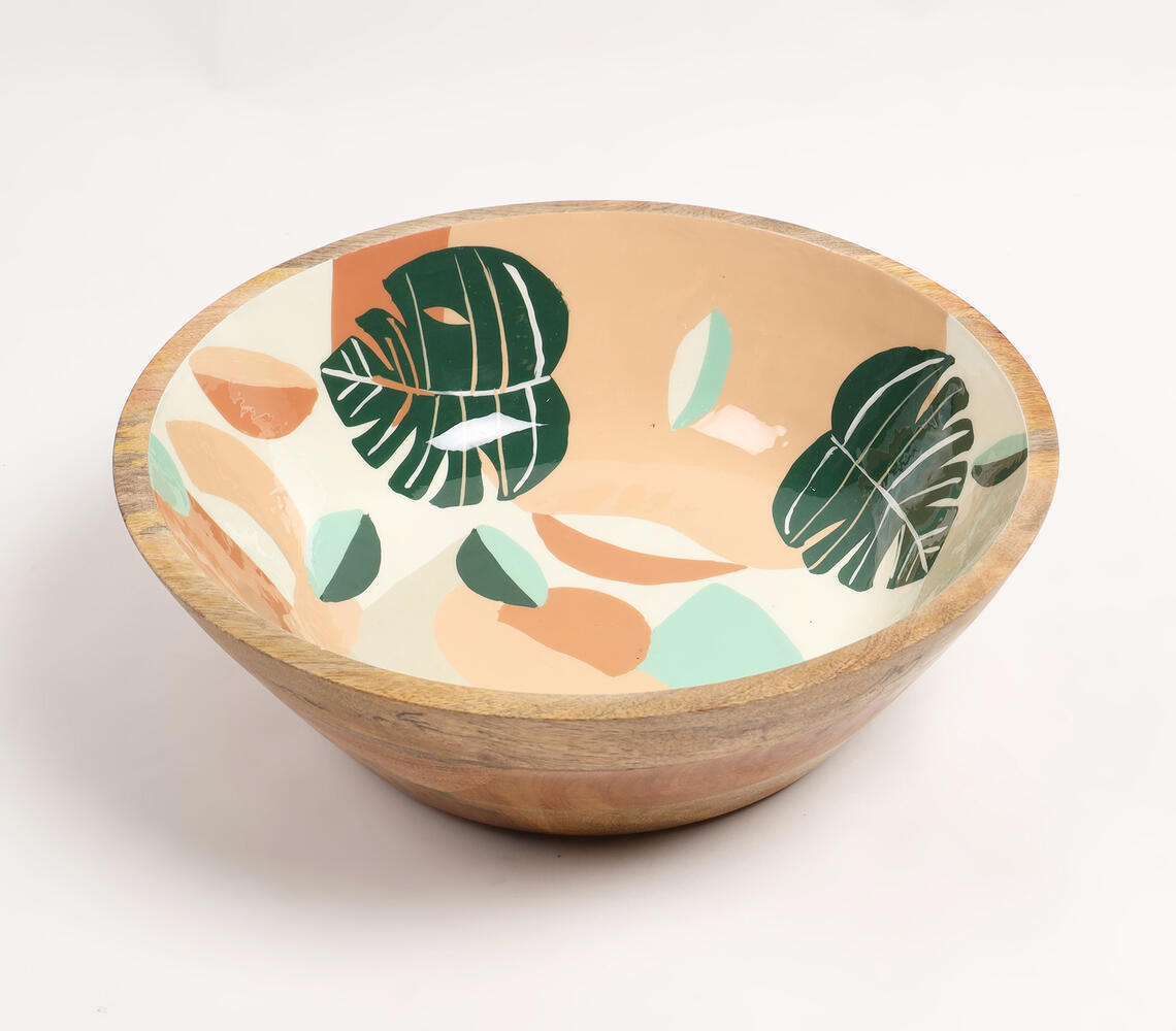 Enamelled Abstract-Botanical Wooden Bowl - Multicolor - VAQL101014100833