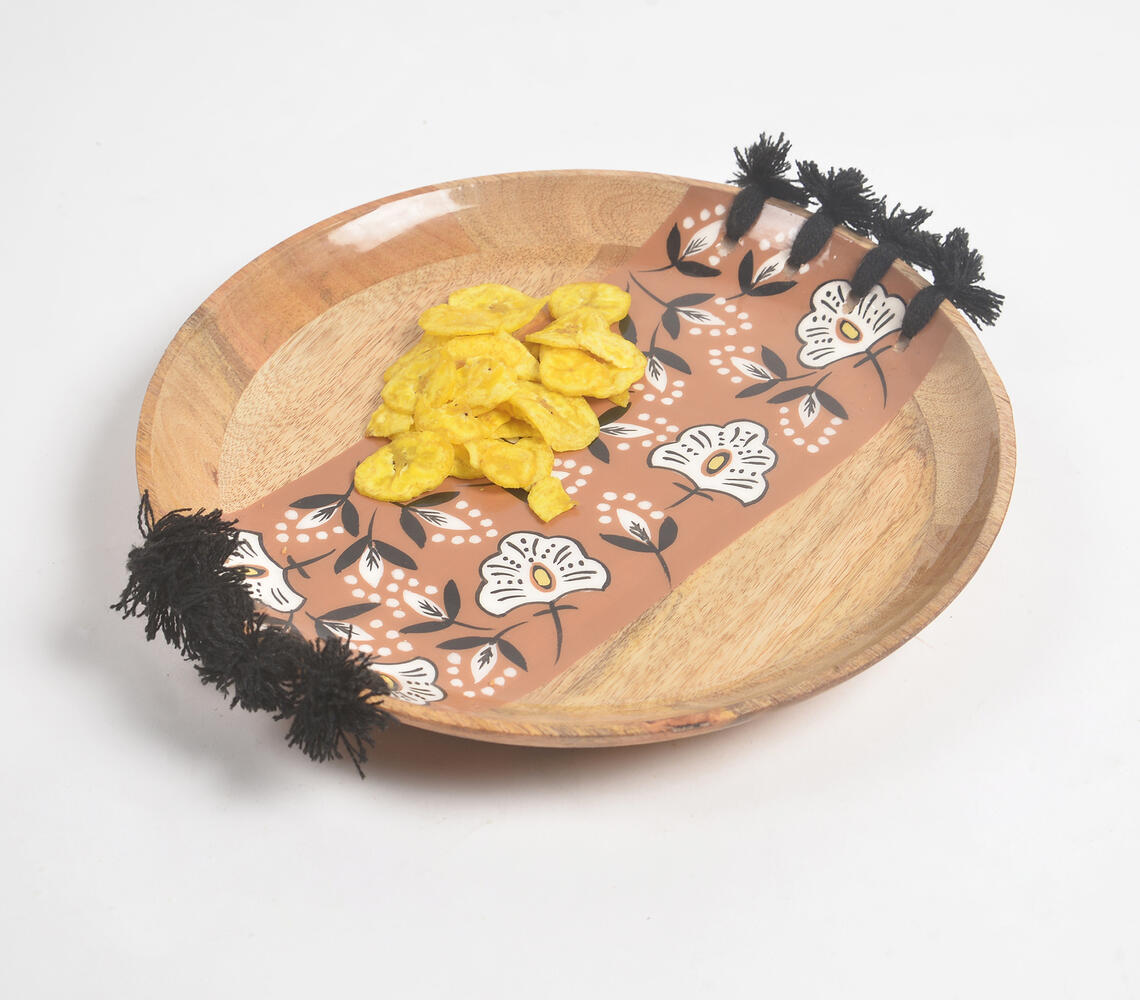 Enameled Floral Strip Tasseled Mango Wood Plate - Multicolor - VAQL101014100852