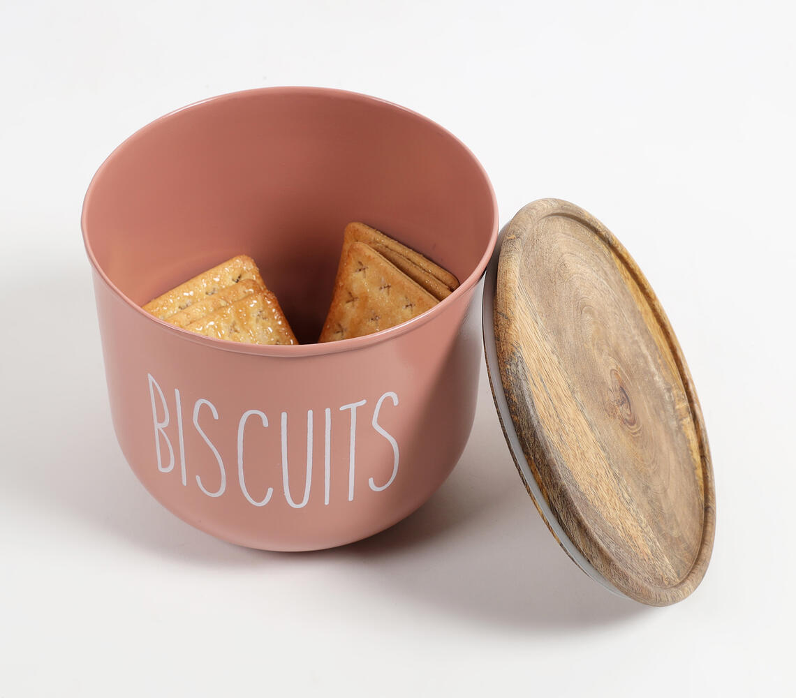 Matte-Pink Typographic Metal Canister with Wooden Lid - Pink - VAQL101014100866