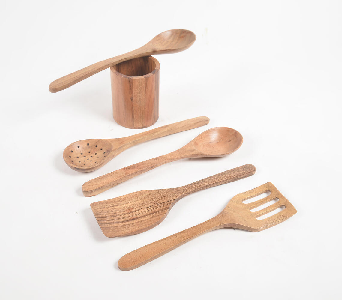 Set of 5 Acacia Wood Cooking Spoons with Jar - Natural - VAQL101014100962