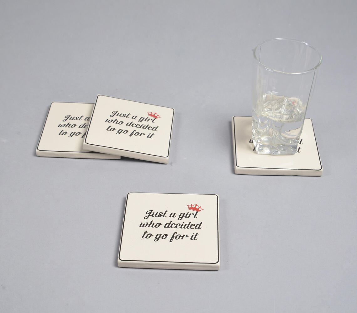 Ambitious Girl' Typographic Ceramic Coasters (Set of 4) - Natural - VAQL101014101738