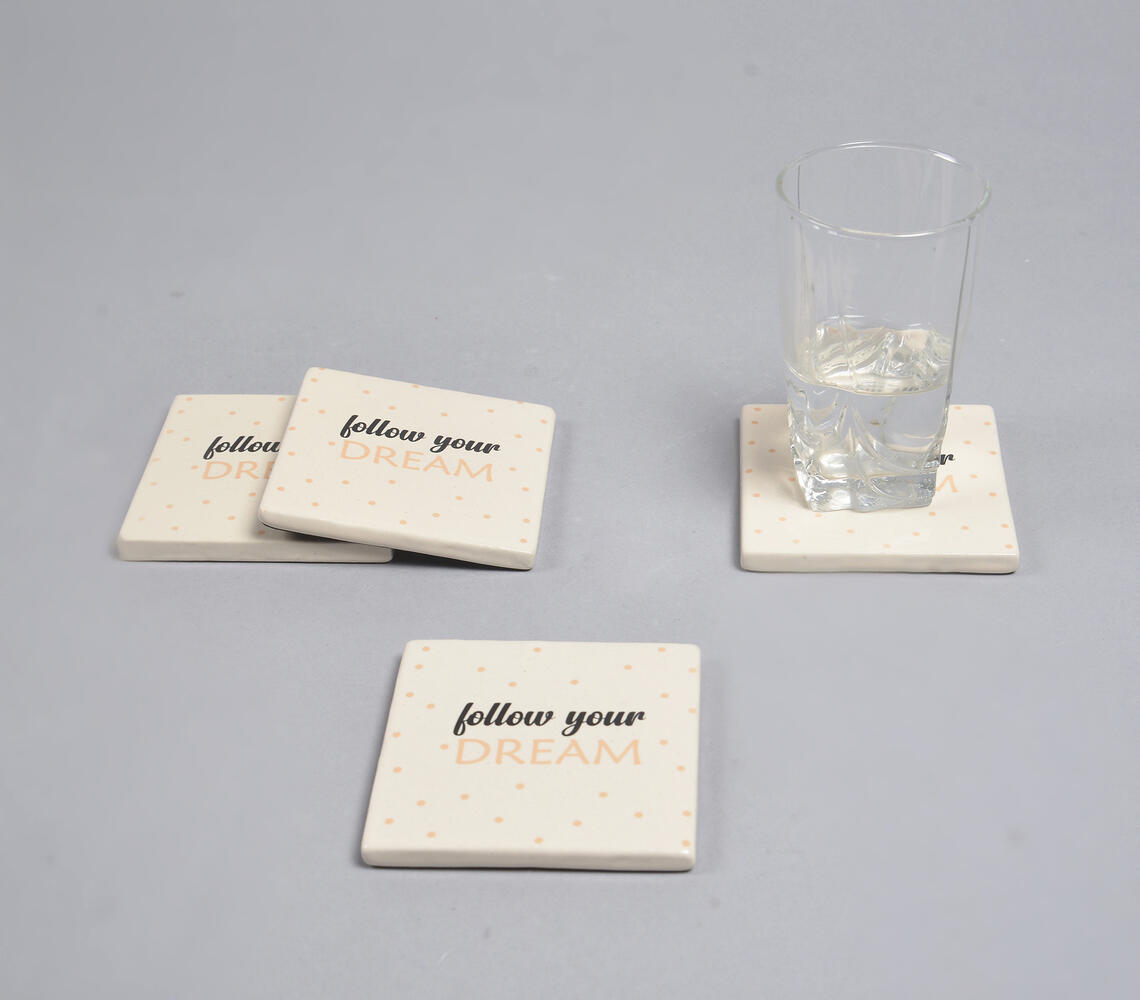 Follow Your Dream' Cheerful Typographic Ceramic Coasters (Set of 4) - Natural - VAQL101014101743