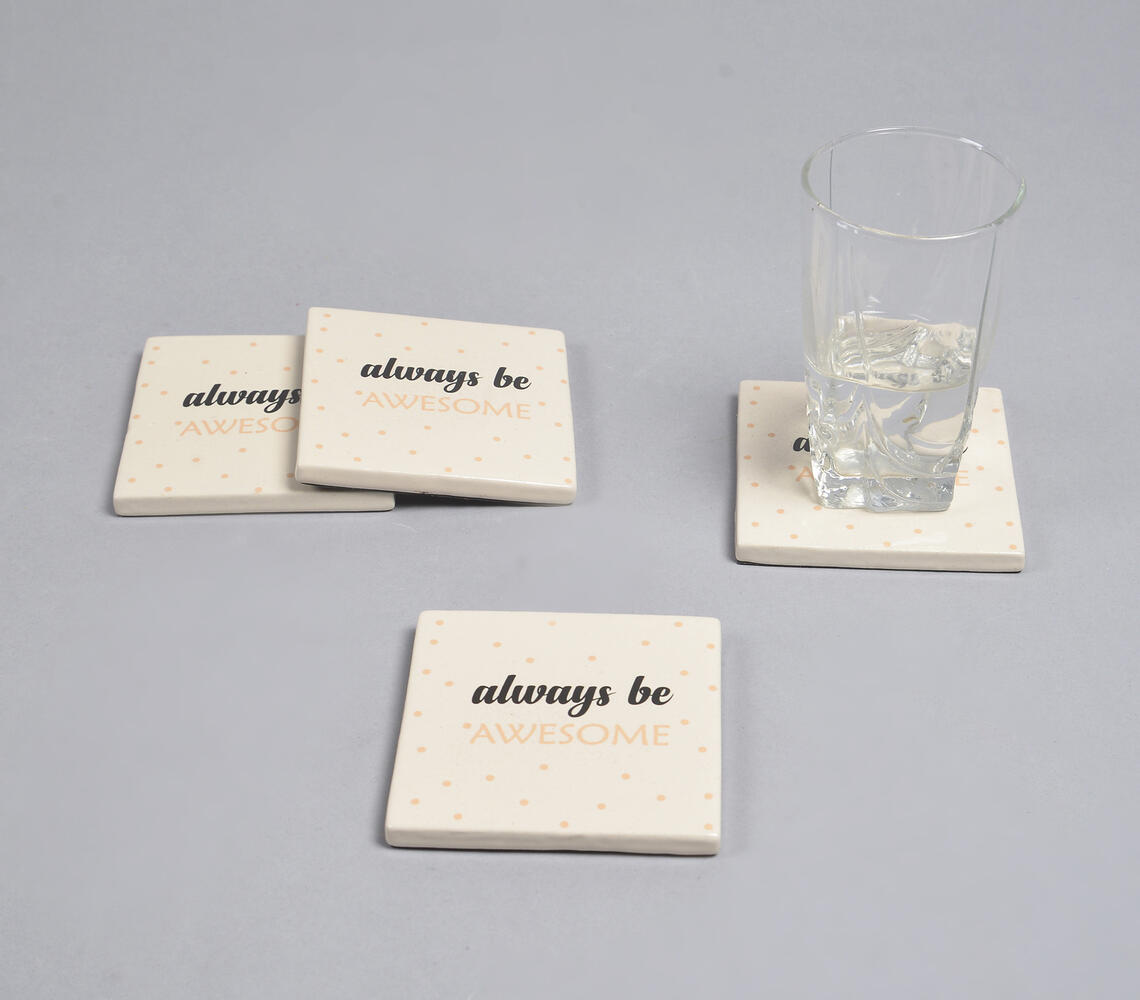 Always Be Awesome' Cheerful Typographic Ceramic Coasters (Set of 4) - Natural - VAQL101014101747