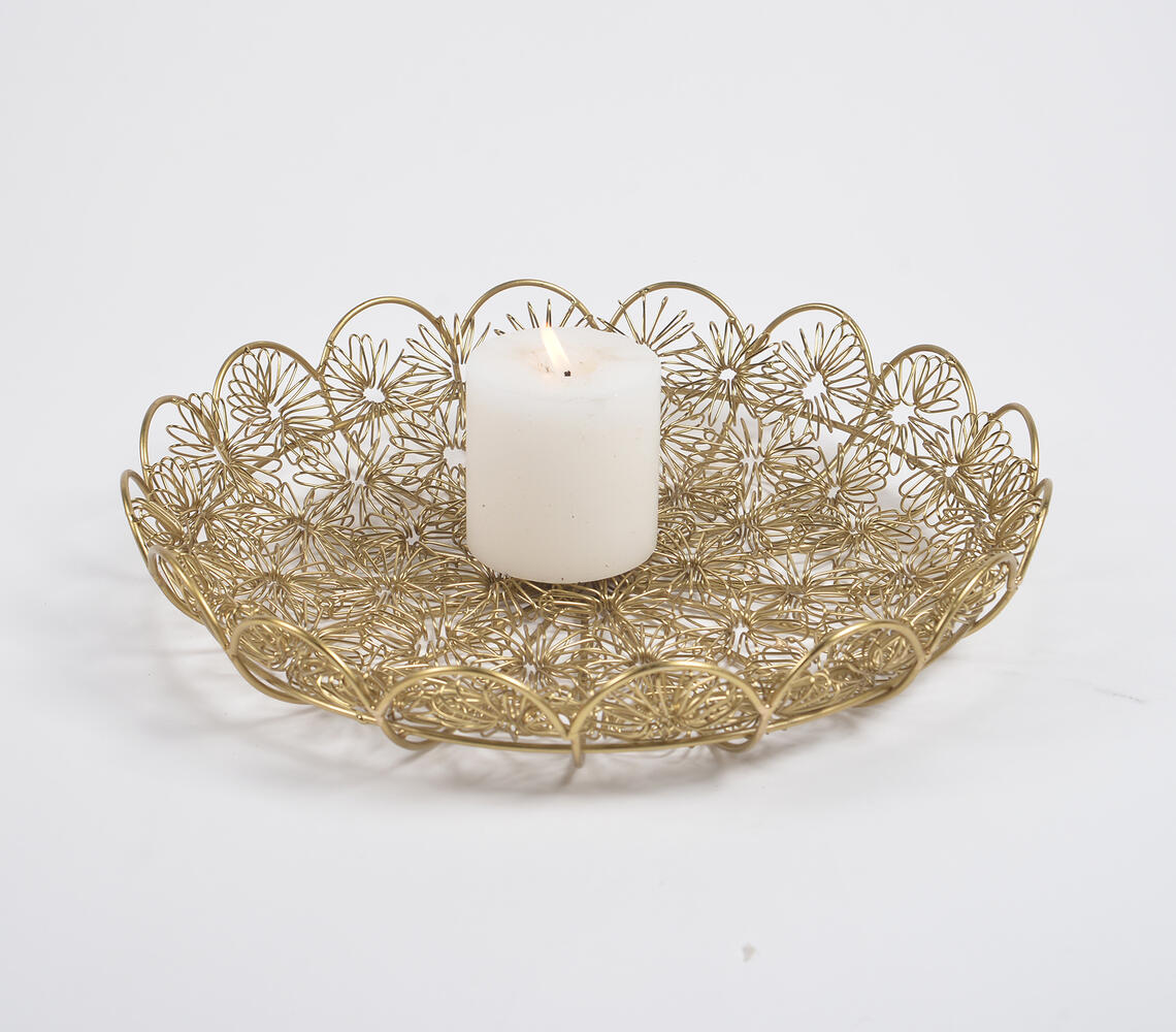 Antique Gold-Toned Coiled Floral Iron Platter - Gold - VAQL101014103708