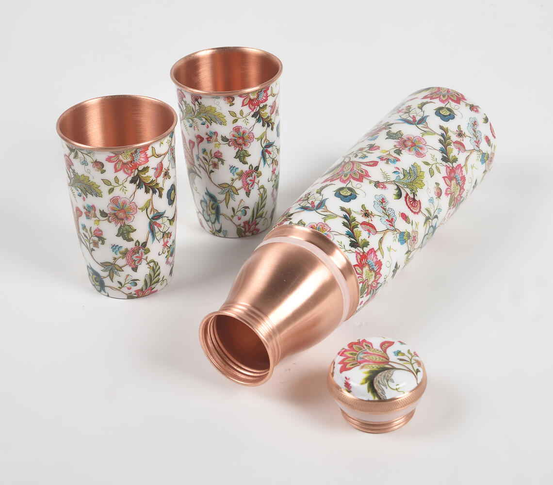 Enamelled Floral Countryside Copper Bottle & 2 Glasses Set - Multicolor - VAQL101014104468