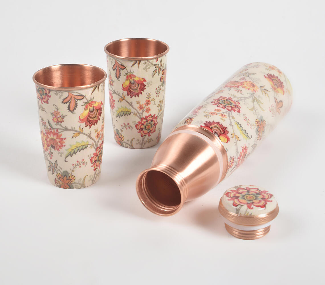 Enamelled Floral Sunset Copper Bottle & 2 Glasses Set - Multicolor - VAQL101014104469