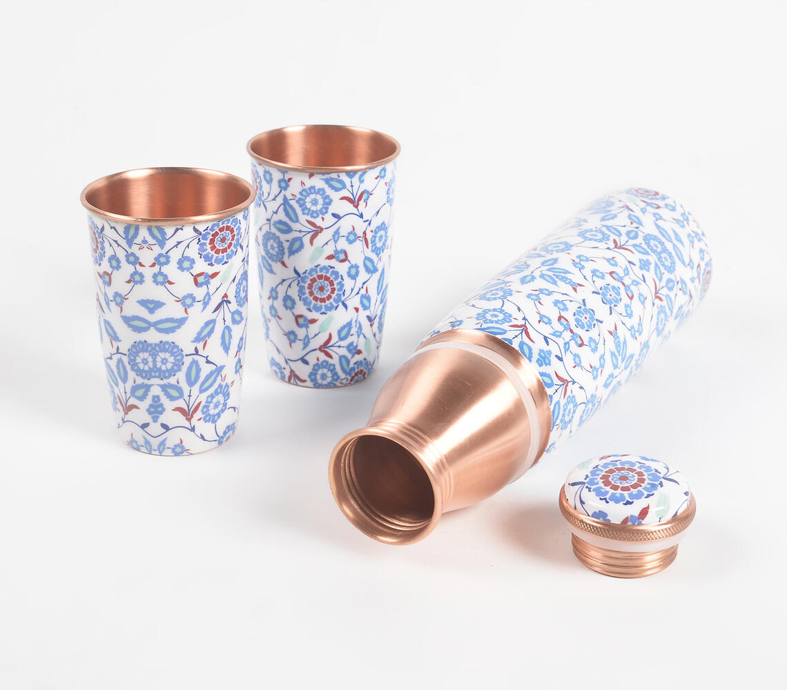 Enamelled Blue Peony Copper Bottle & 2 Glasses Set - Multicolor - VAQL101014104472