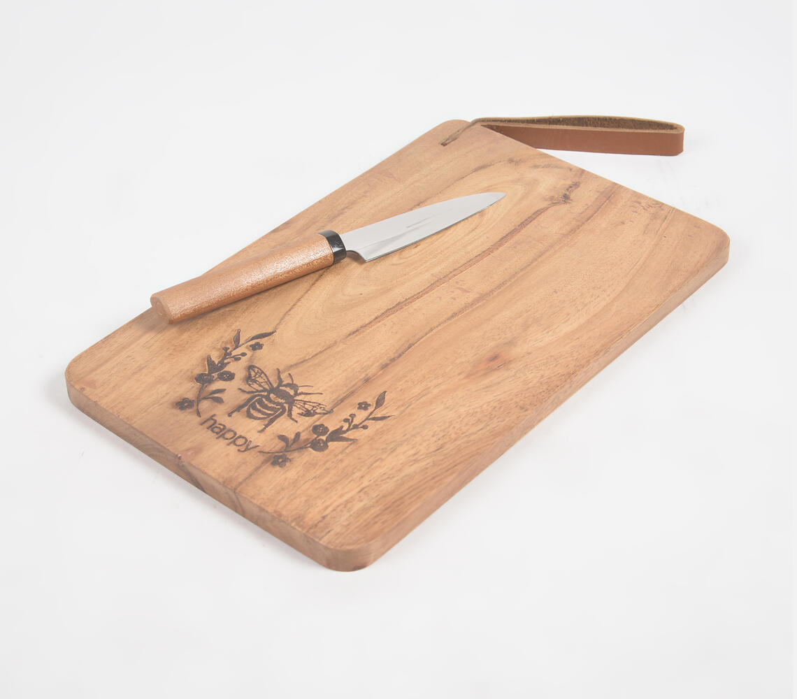 Hand Etched 'Bee Happy' Cutting Board with Leather Strap - Natural - VAQL101014105528